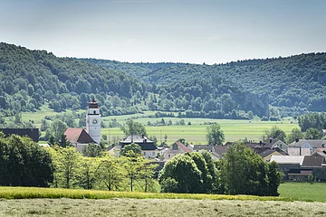 Blick auf Dollnstein Landschaft mit Dorf, Kirchturm und bewaldeten Hügeln im Hintergrund.