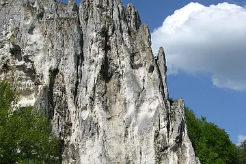 Felsformation mit steiler weiß-grauer Oberfläche, davor Wiese, Bäume und Verkehrsschilder bei blauem Himmel.