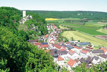Blick auf ein Dorf mit Kirche und Burgruine auf bewaldetem Hügel, umgeben von Feldern und Wiesen.
