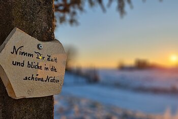 Schild mit der Aufschrift „Nimm Dir Zeit und blicke in die schöne Natur“ an einem Baum im Winter bei Sonnenuntergang.