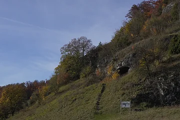 Grasbewachsener Hang mit Treppe, Bäumen und einer Felsöffnung unter blauem Himmel.