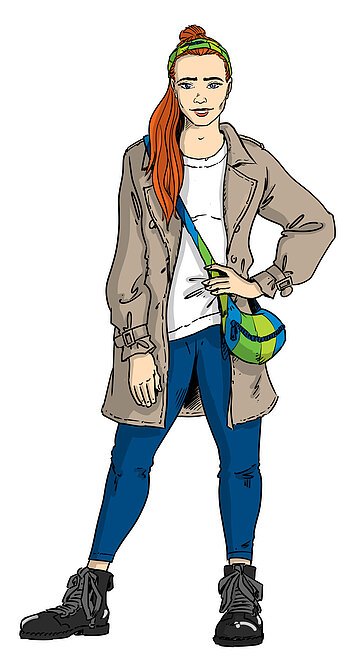 Die illustrierte Figur Irma Jones ist mit Mantel, T-Shirt und Jeans zu sehen.
